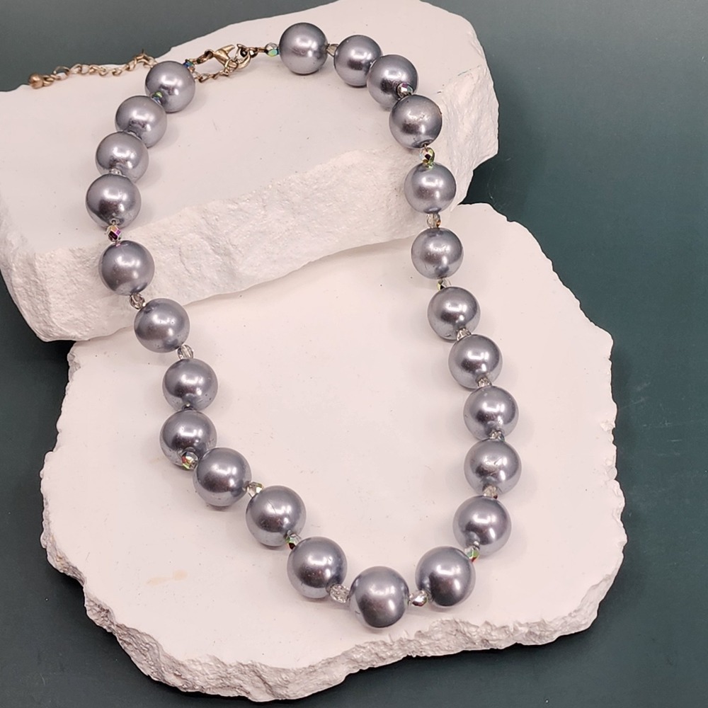 Gray Faux Pearl Necklace Crystal Spacer Beads Gold Tone Lobster Clasp Statement